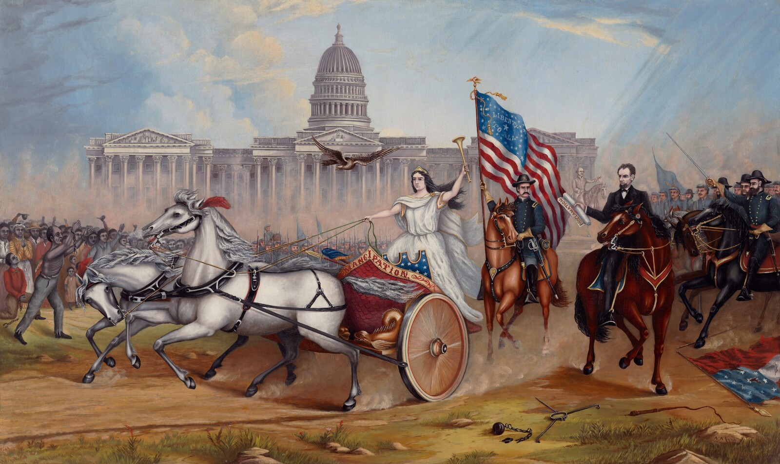 Folk-art oil painting of Lincoln in a chariot holding the Emancipation Proclamation before the Capitol