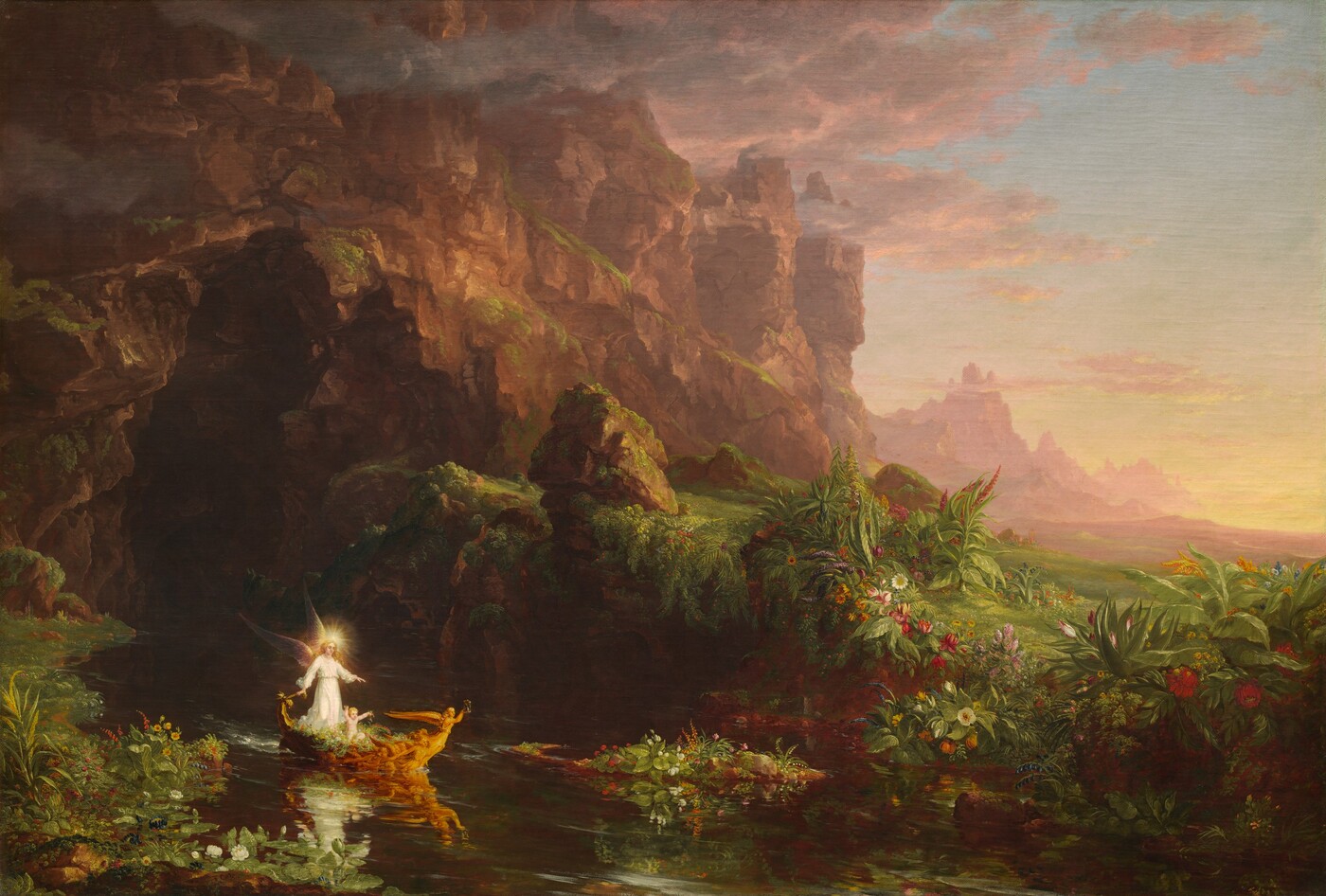 An infant in a flower-laden boat emerges from a dark cavern onto a calm river at dawn, guarded by an angel