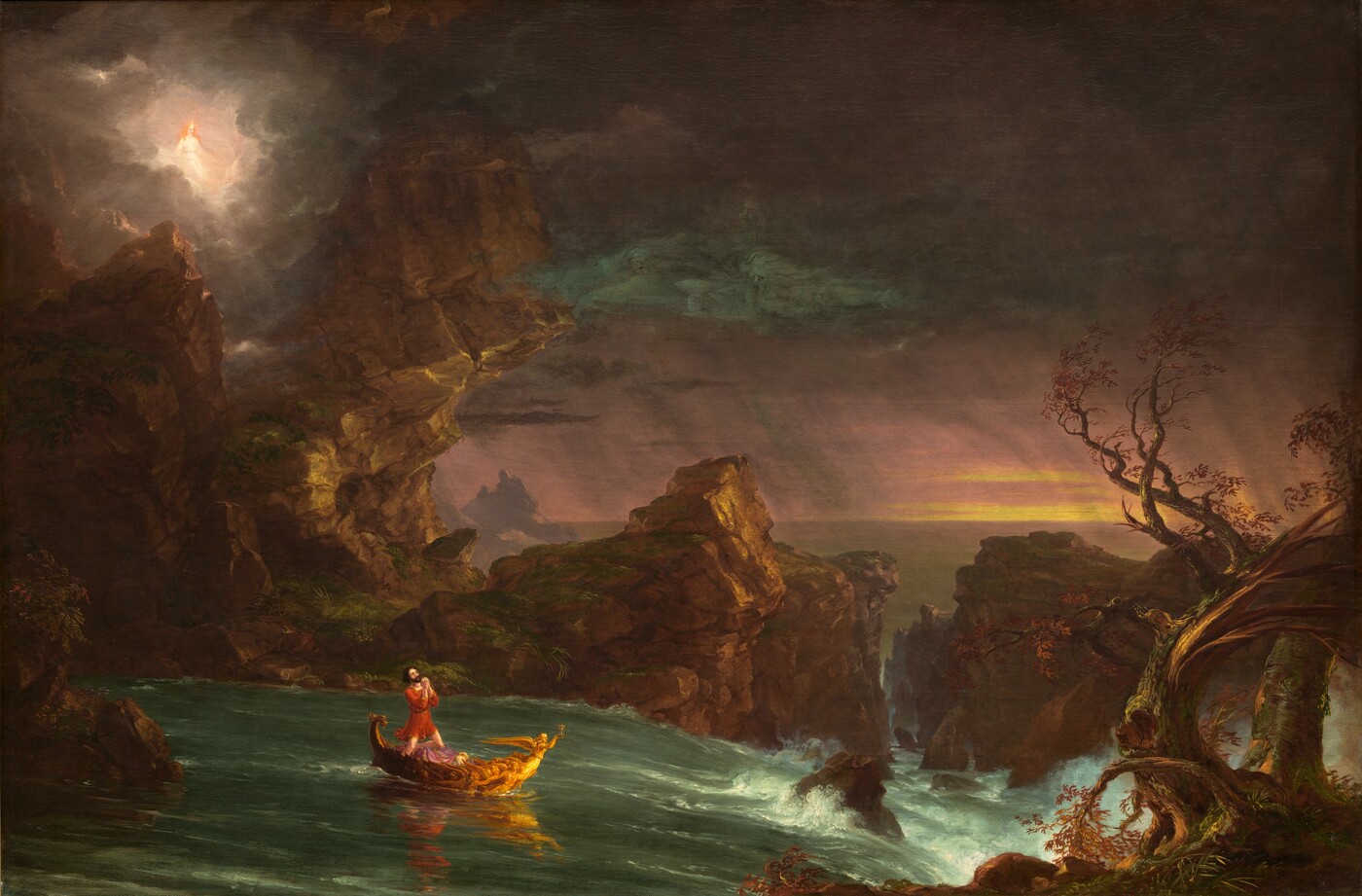 A man prays in a battered boat as it plunges toward rapids under a stormy sky, an angel watching from the clouds