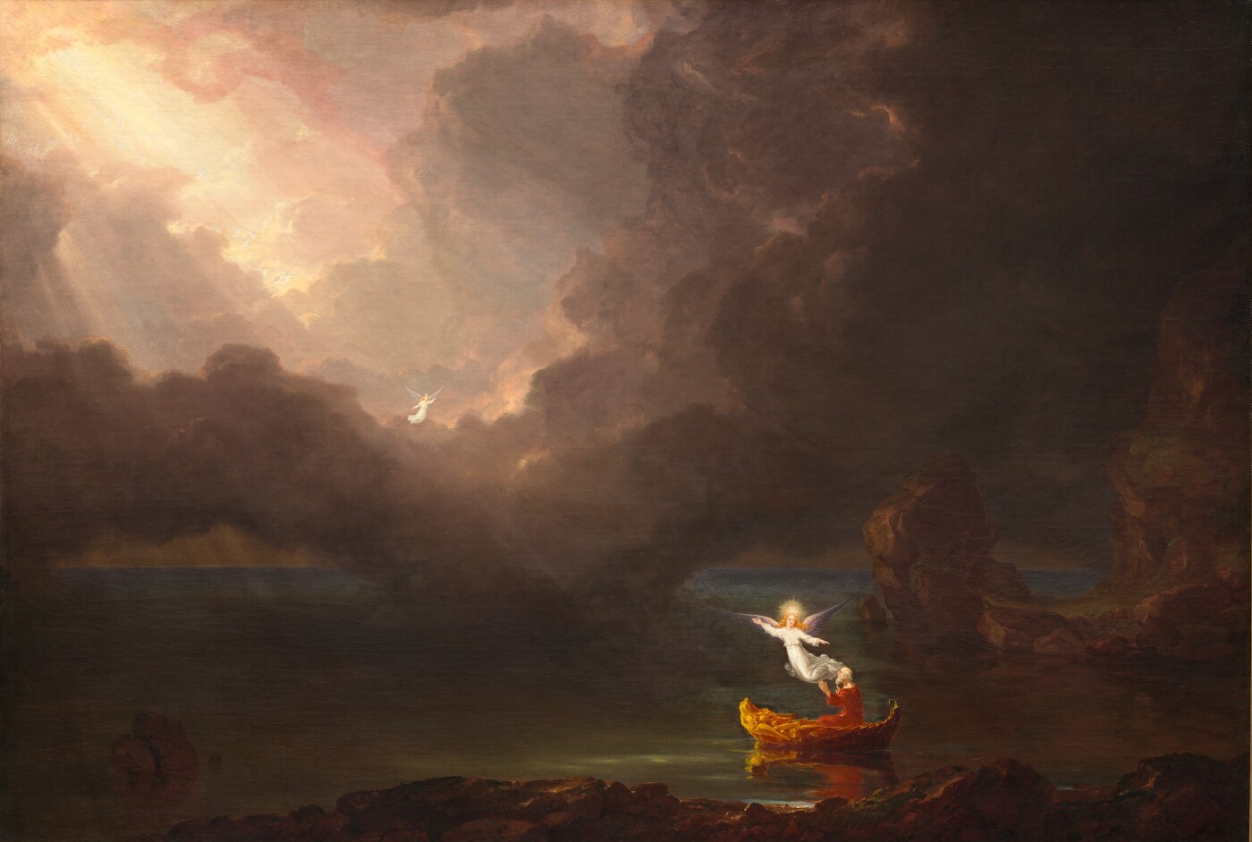 An old man in a weathered boat drifts onto still, dark waters as light breaks open in the sky ahead