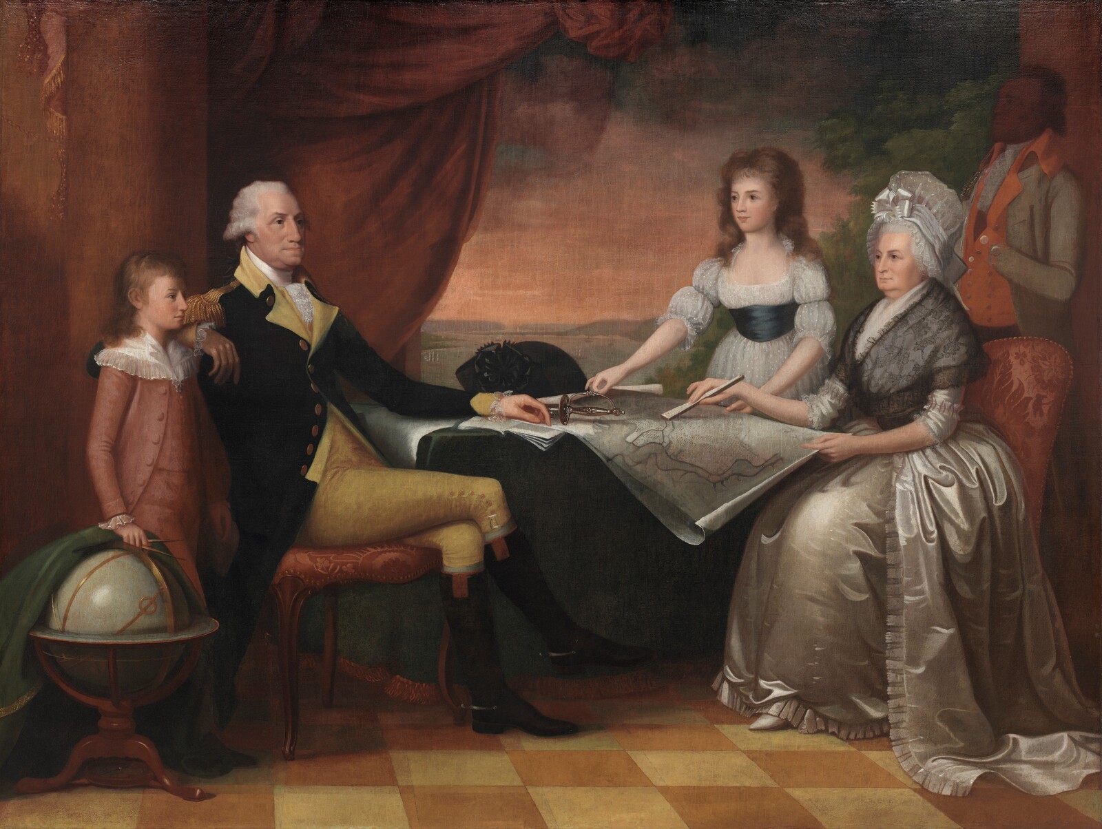 Oil painting of George and Martha Washington seated at a table with a map, with two grandchildren and an attendant